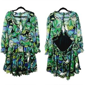 Plus Size Floral Green and Blue Backless Dress